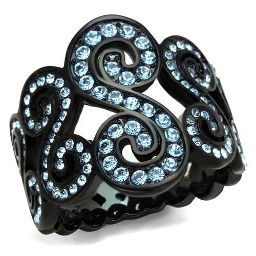 JCE2018 IP Black(Ion Plating) Stainless Steel Ring with Top Grade Crystal  in Sea Blue
