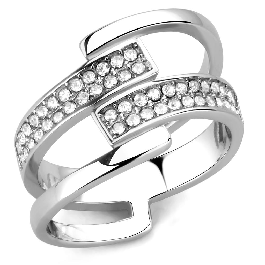 JCE3702 High polished (no plating) Stainless Steel Ring with Top Grade Crystal  in Clear