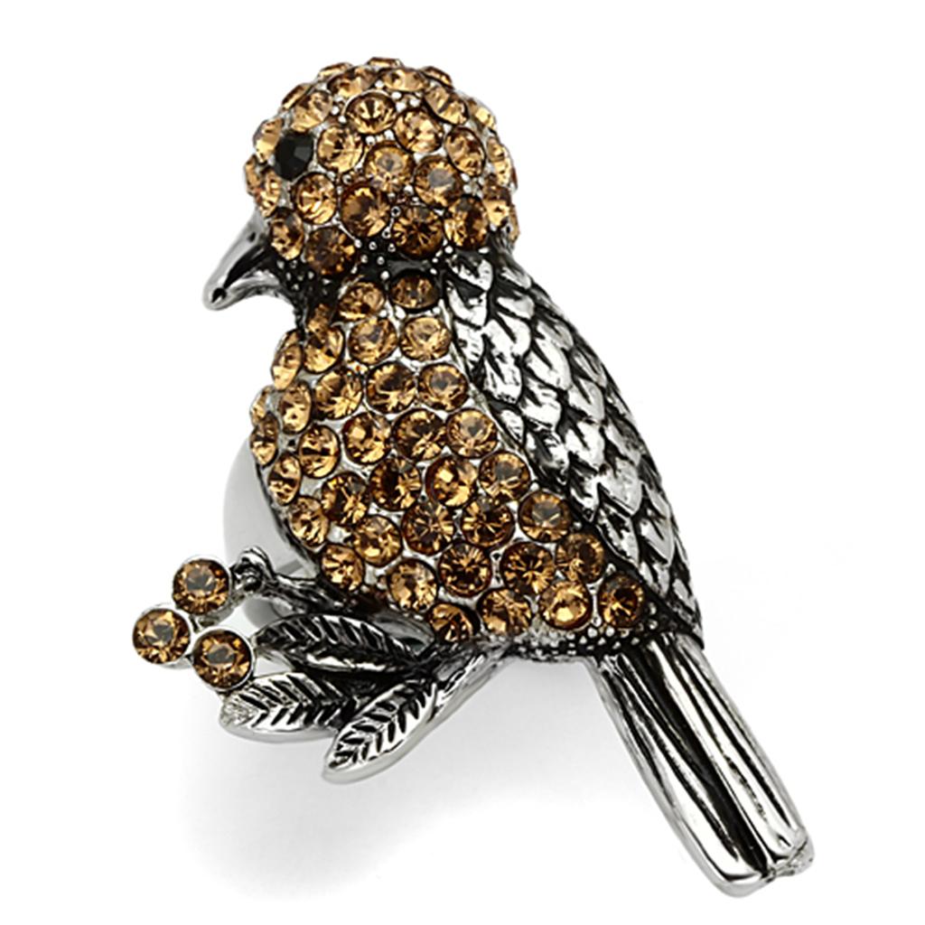 JCE932 High polished (no plating) Stainless Steel Ring with Top Grade Crystal  in Smoked Quartz